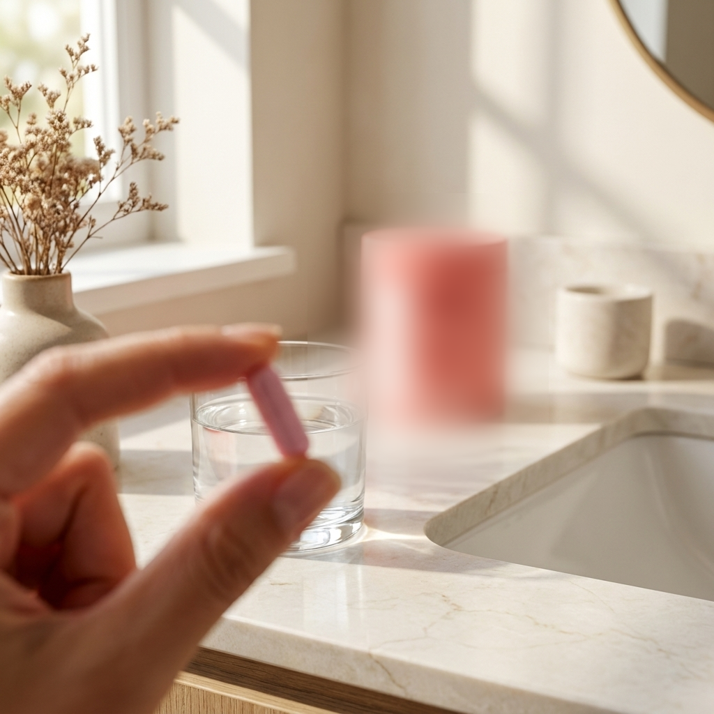 Uso diario probioticos URO una capsula con un vaso de agua